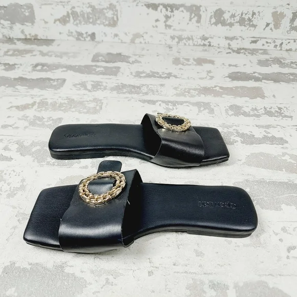 NEW Open Edit Lely Black Faux Leather Square Toe Flat Slide Sandals F68 - Picture 7 of 11